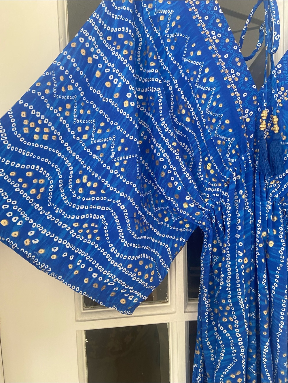 Silk Boho Blue Plunge Neck Kaftan Maxi Dress with Tassels - Picture 6 of 7